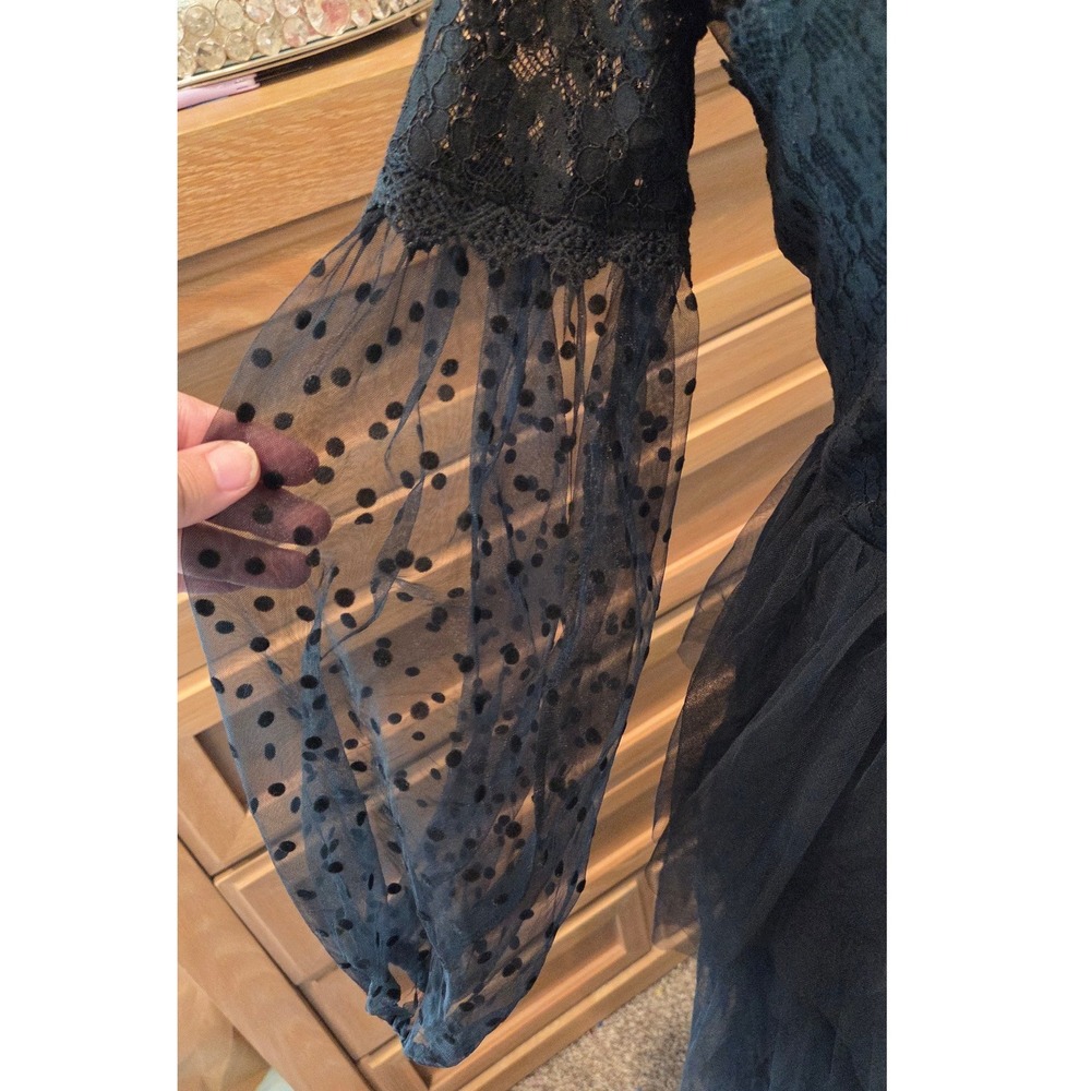 Giffniseti Lace Tulle Tiered Maxi Dress Sheer Polka Dot Gothic Black Gown Small - Picture 5 of 12